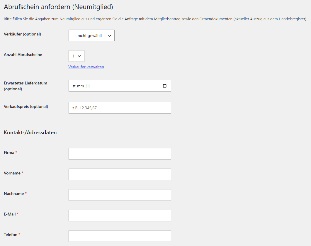 Formular „Abrufschein anfordern (Neumitglied)